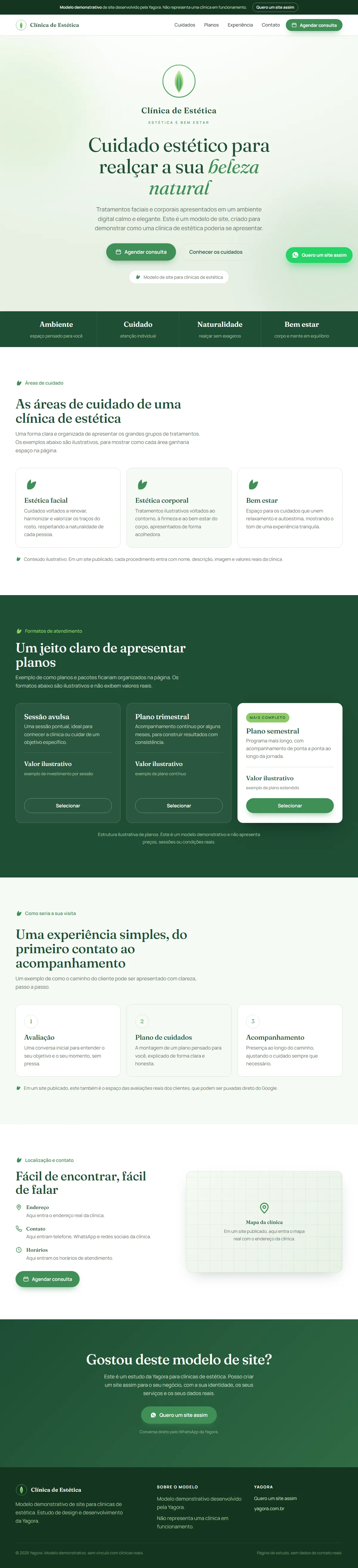 Página inicial do modelo demonstrativo Clínica de Estética, no computador