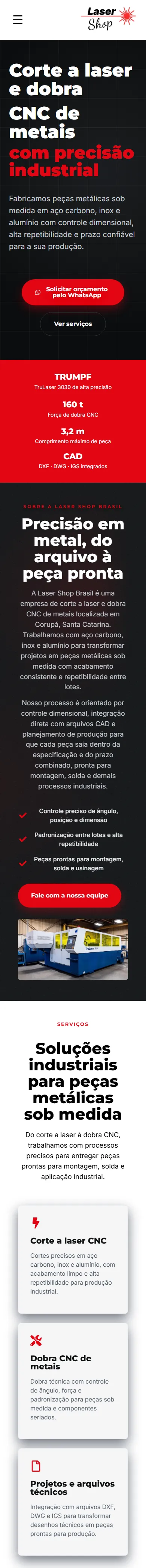 Página inicial do site Laser Shop Brasil, no celular